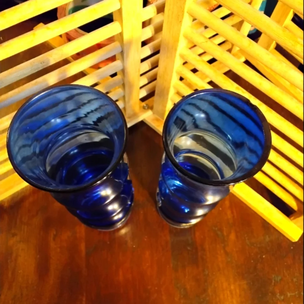 2 ASEDA Sweden Cobalt Blue Glass Vases Bamboo & Wave Bubble Bo Borgstrom MCM